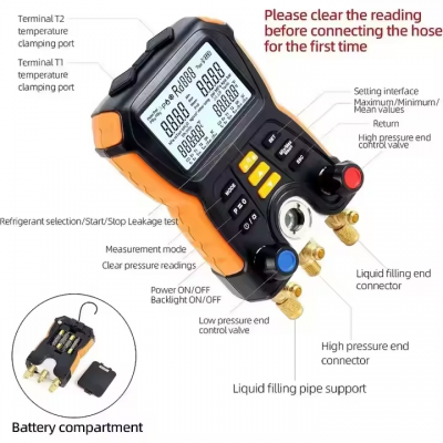 Testermeter-HT-750 Digital Pressure Gauge New Refrigeration Vacuum Manifold Tester Meter Essential Tool for Refrigerant Management